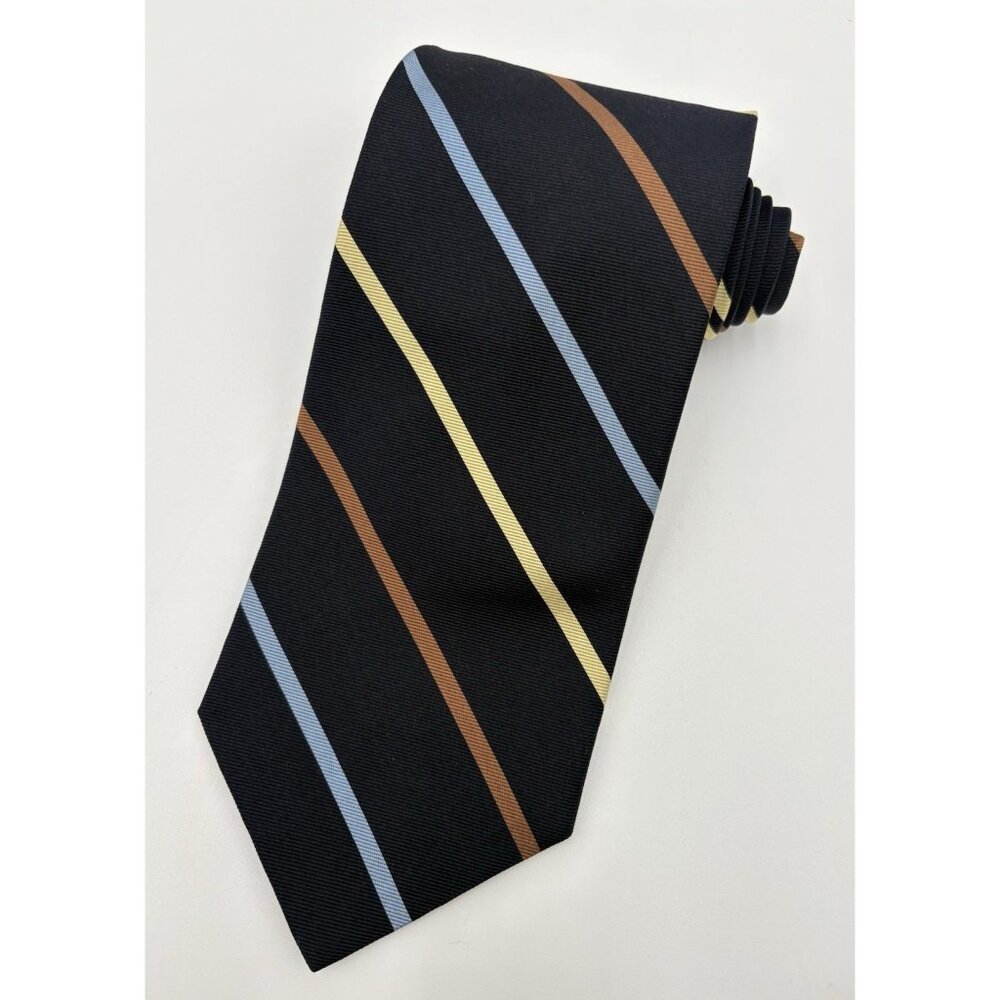 Necktie REPP Bruno Piattelli 100% Silk Black Yellow Blue Brown Striped Tie EUC
